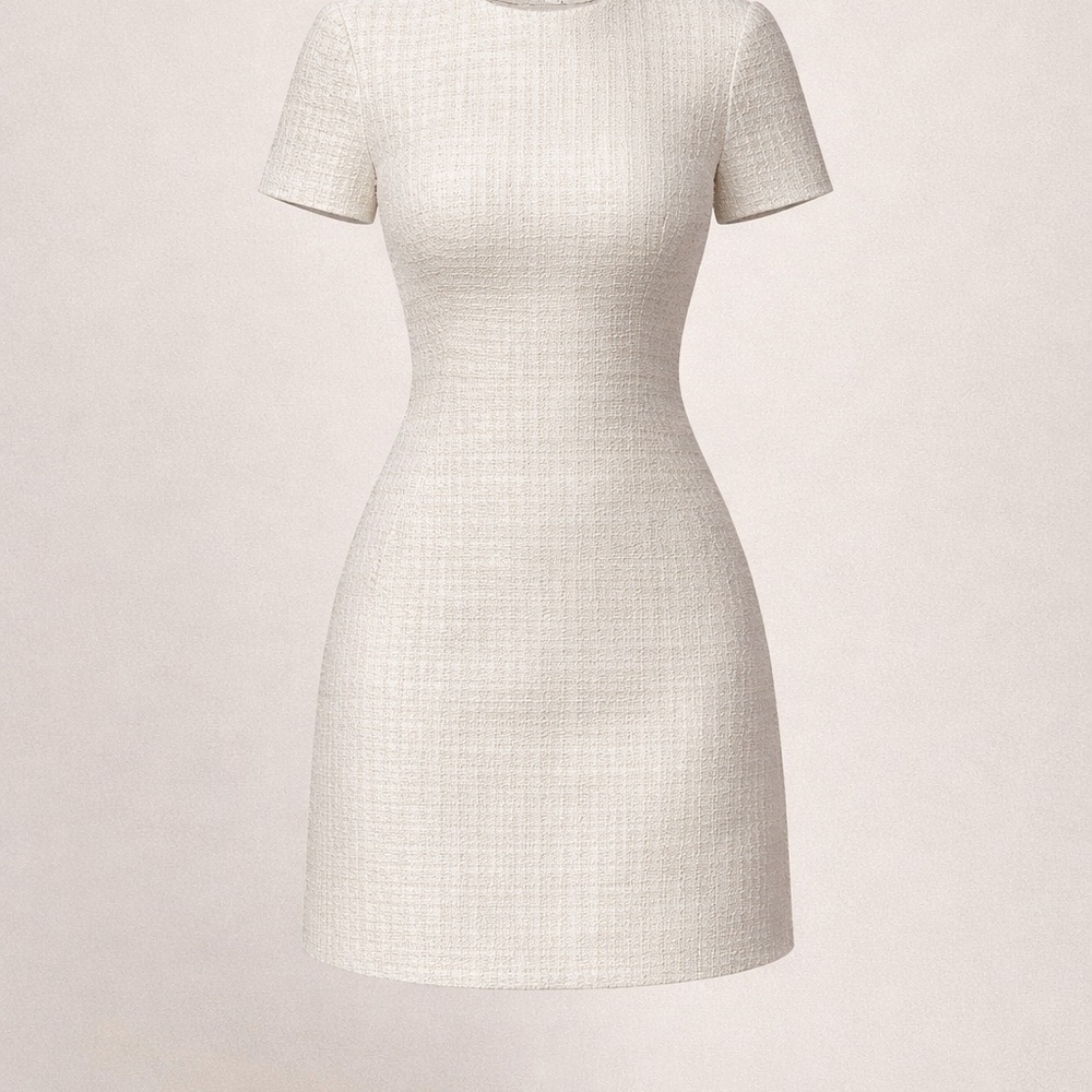 Cream Short-Sleeve Textured Shift Dress